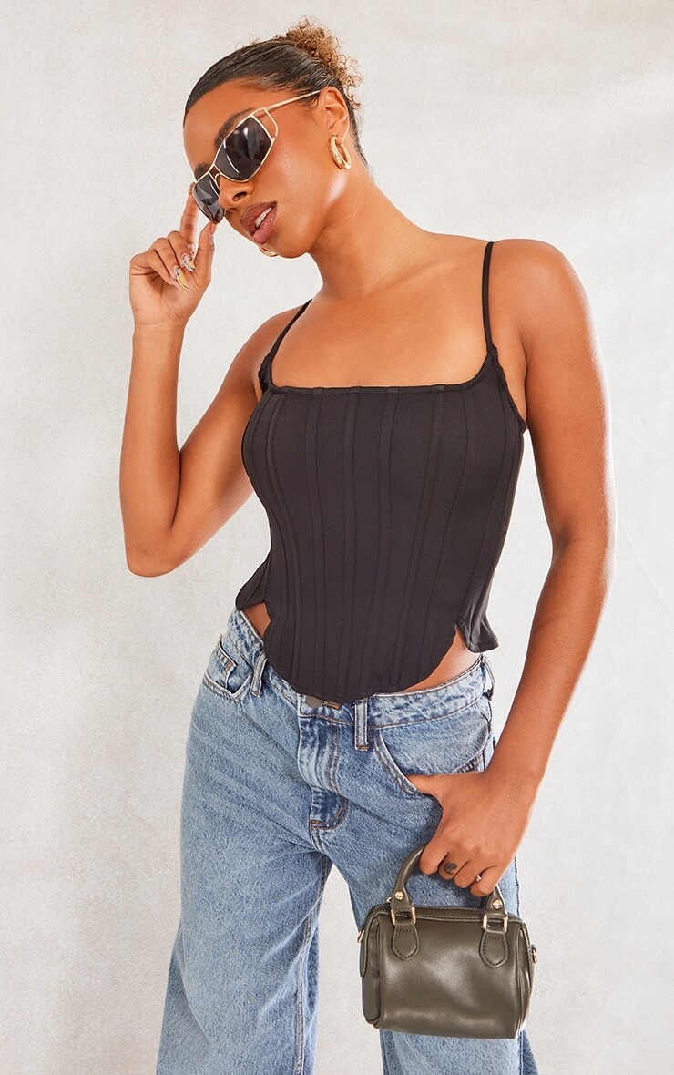 

PrettyLittleThing Черный тканый удлиненный корсет на косточке