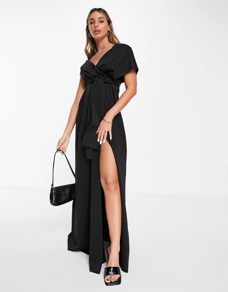 

Черное платье макси с заниженными плечами ASOS