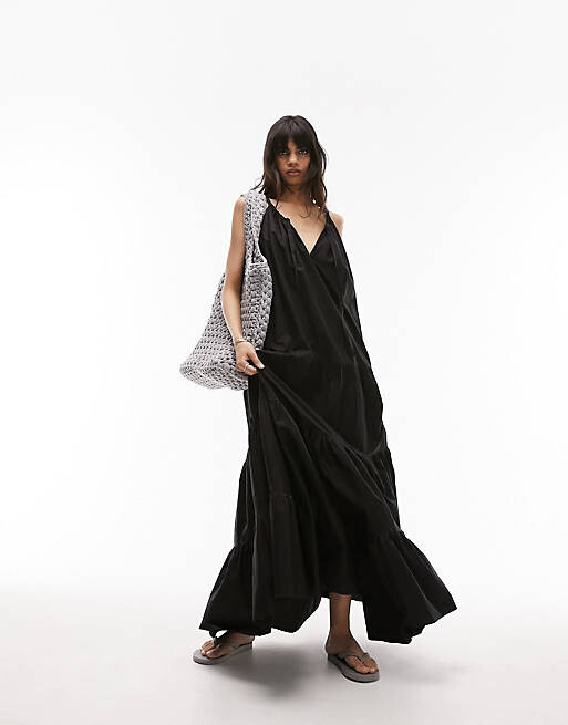 

Черное платье макси из ярусного поплина Topshop, Черный