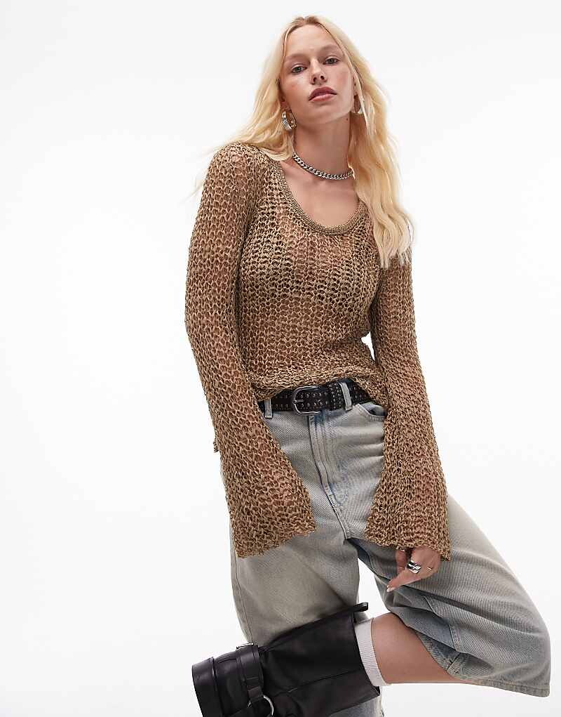 

Topshop Коричнево-серый вязаный топ с ажурным узором и U-образным вырезом
