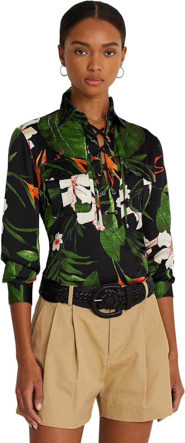 

Рубашка Floral Charmeuse Lace-Up Blouse LAUREN Ralph Lauren, цвет Black/Green/Multi