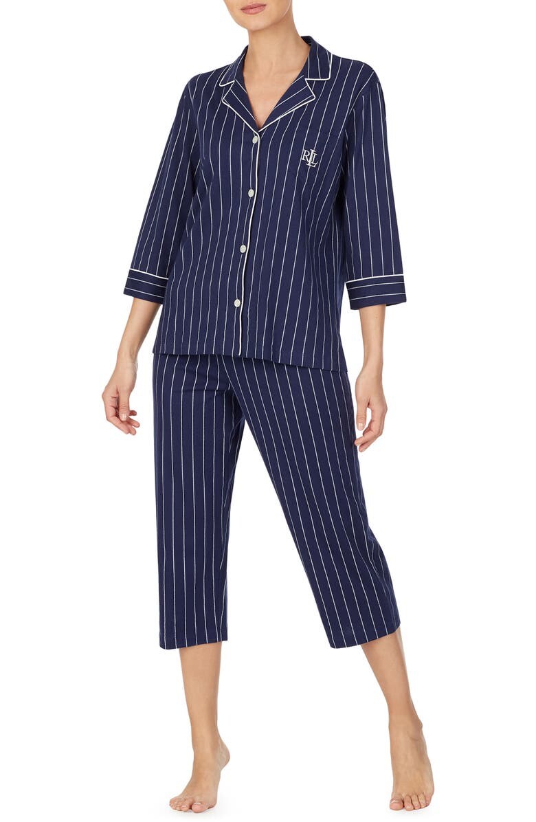

Вязаная укороченная хлопковая пижама LAUREN RALPH LAUREN, синий/белый