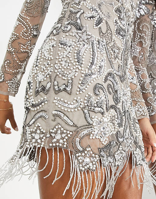 

Серое платье мини с бахромой и бисером ASOS EDITION