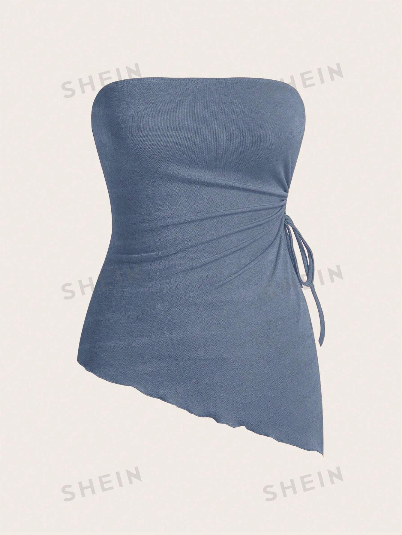 цена SHEIN MOD Вязаный женский асимметричный топ-бандо с завязками по бокам и неровным подолом, пыльный синий