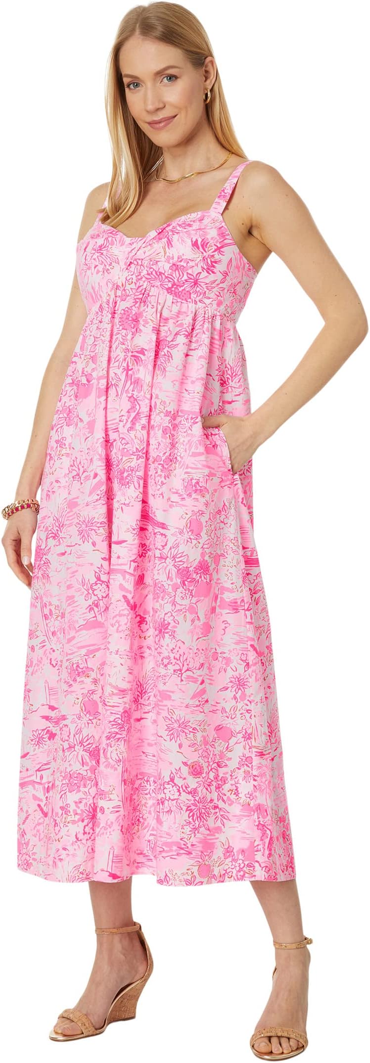 

Хлопковое платье миди Azora Lilly Pulitzer, цвет Peony Pink Seaside Scene