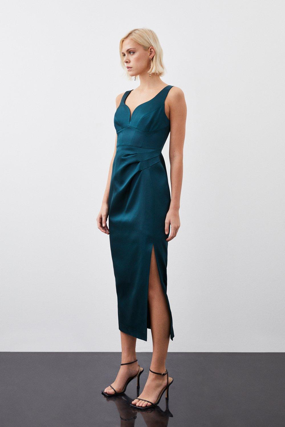 Платье макси с корсетом из итальянского структурированного атласа на заказ Karen Millen, зеленый
