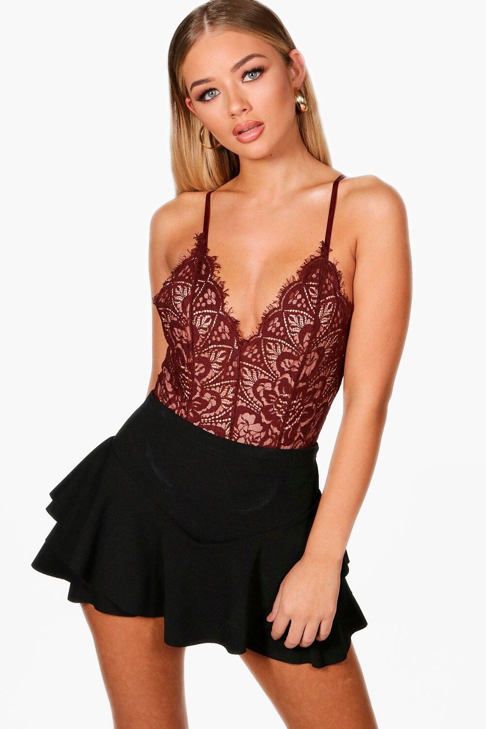 

Кружевное боди с ресницами Boohoo, винный