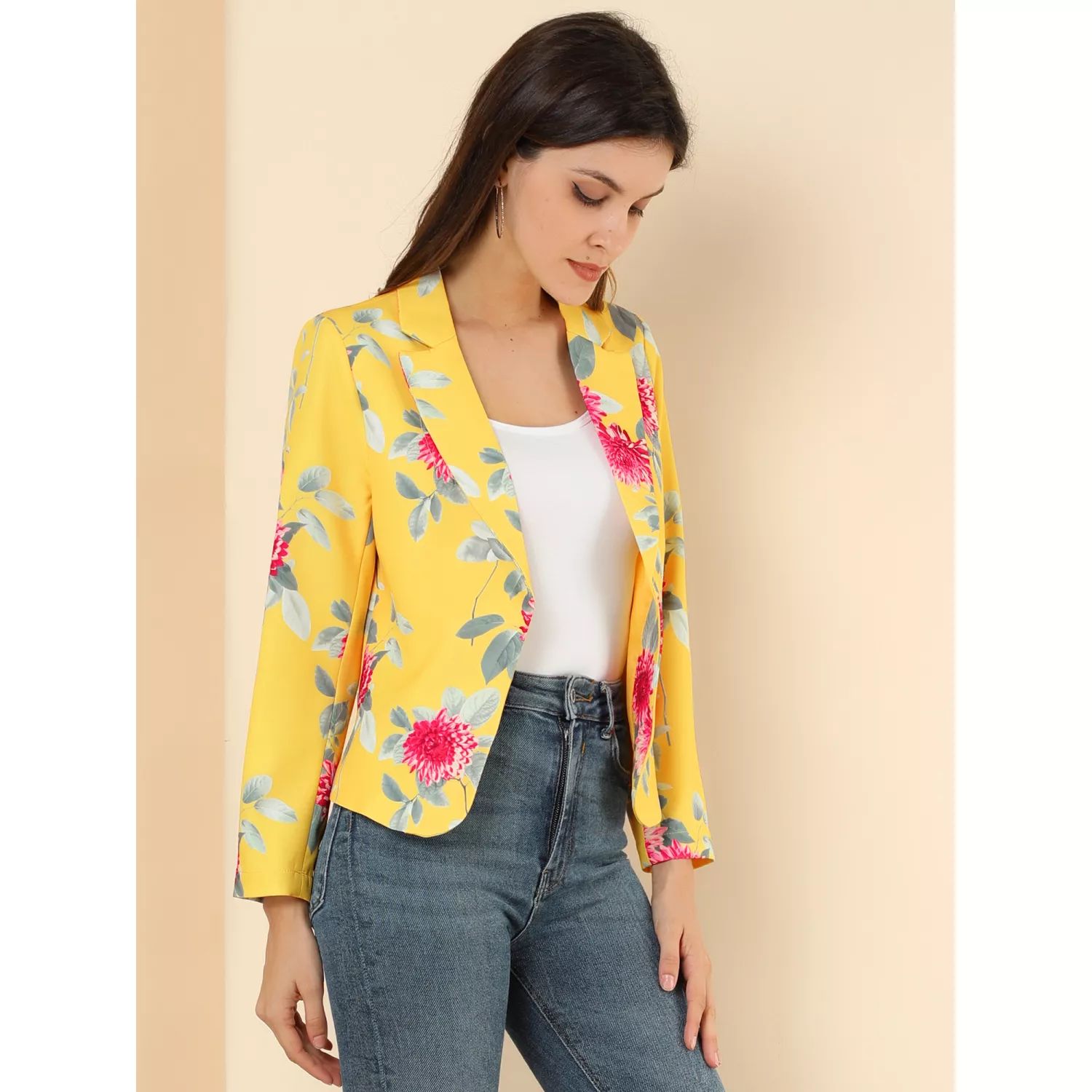 Женский пиджак с открытым передом и цветочным принтом ALLEGRA K цена и фото