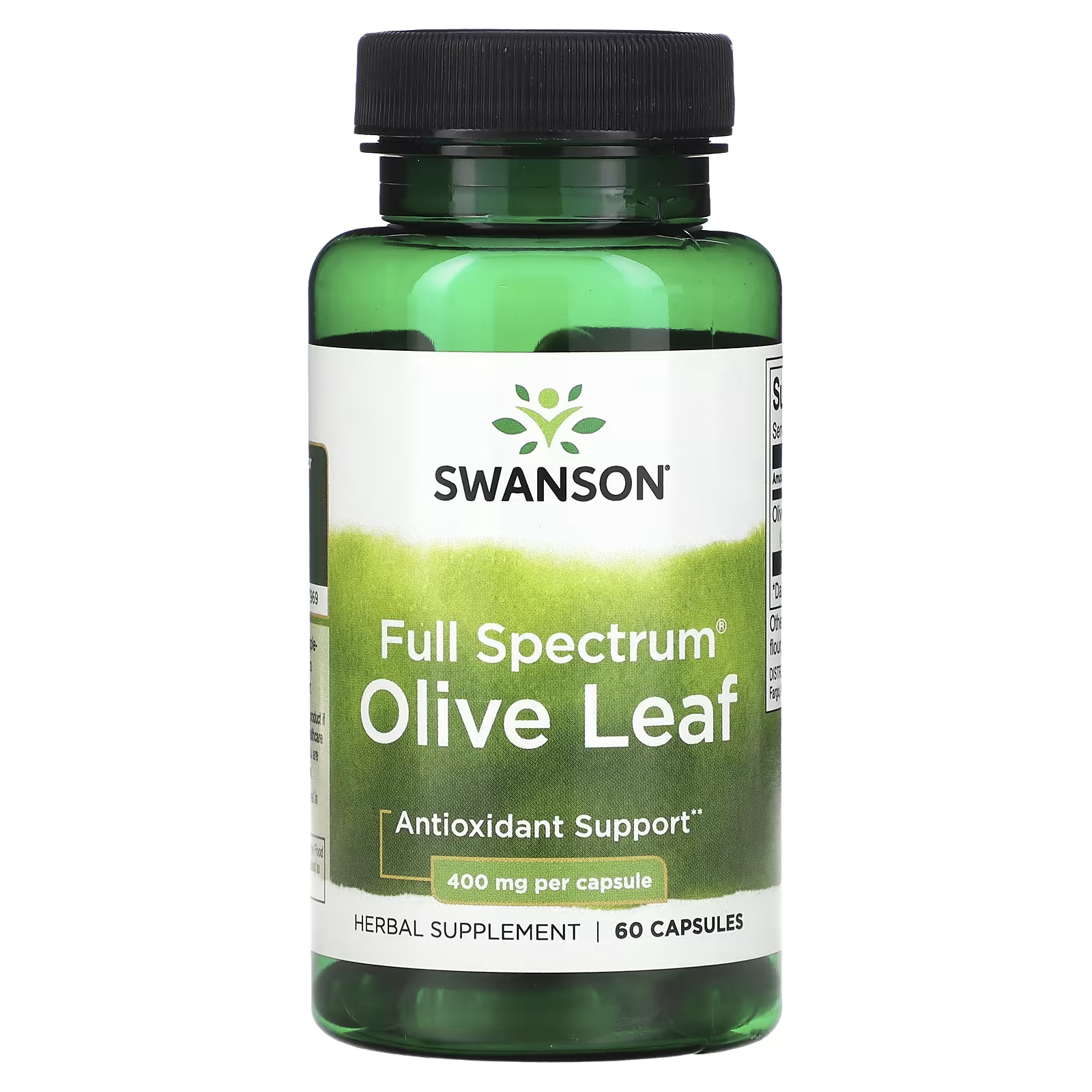 Листья оливы Swanson полного спектра действия, 400 мг, 60 капсул бад для поддержки сердечно сосудистой системы green leaf formula чеснок с витамином d3 e группы b 30 шт