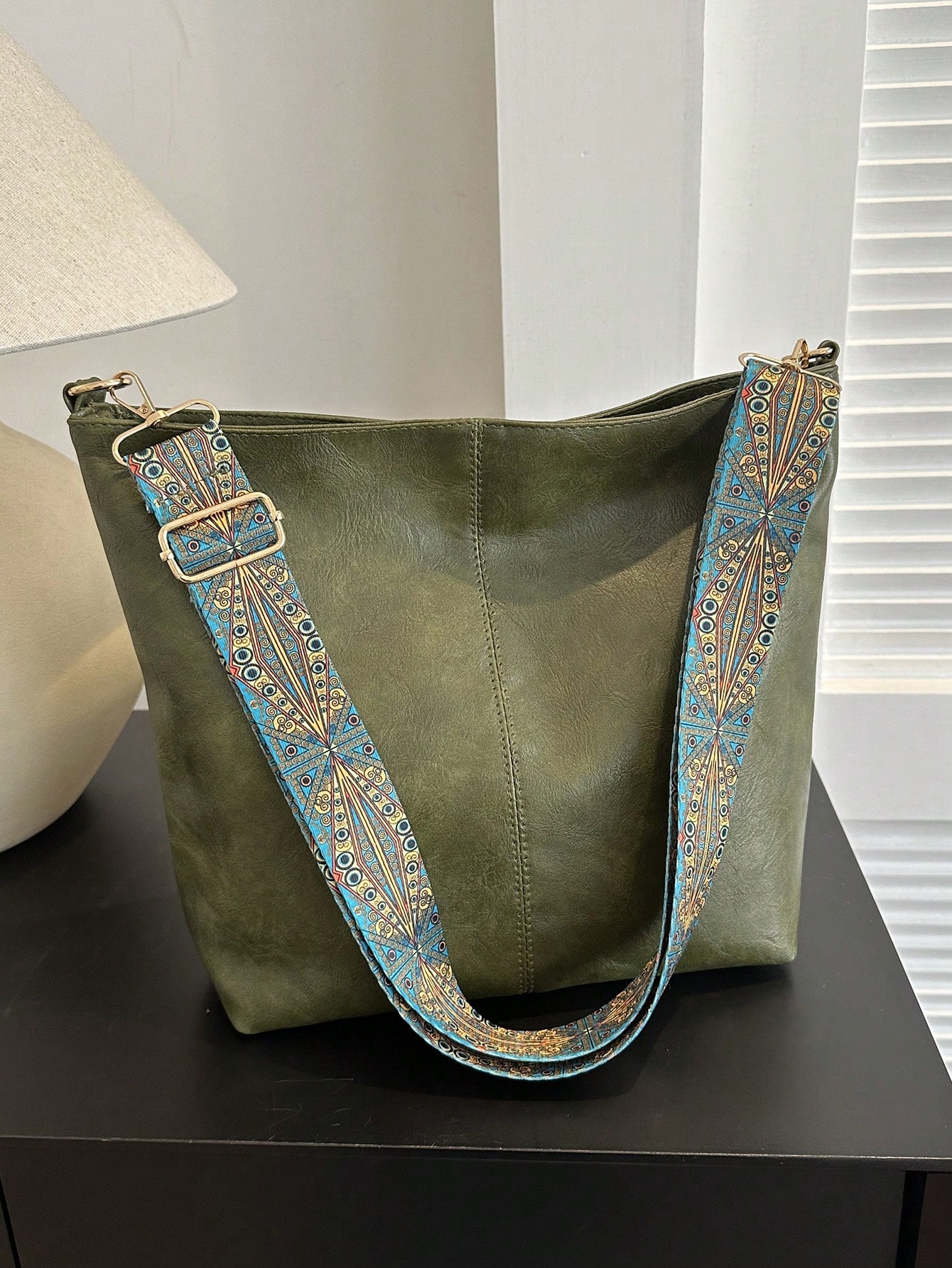 Сумка-хобо с геометрическим ремешком, зеленый ретро ретро женская сумка через плечо с клапаном коричневый