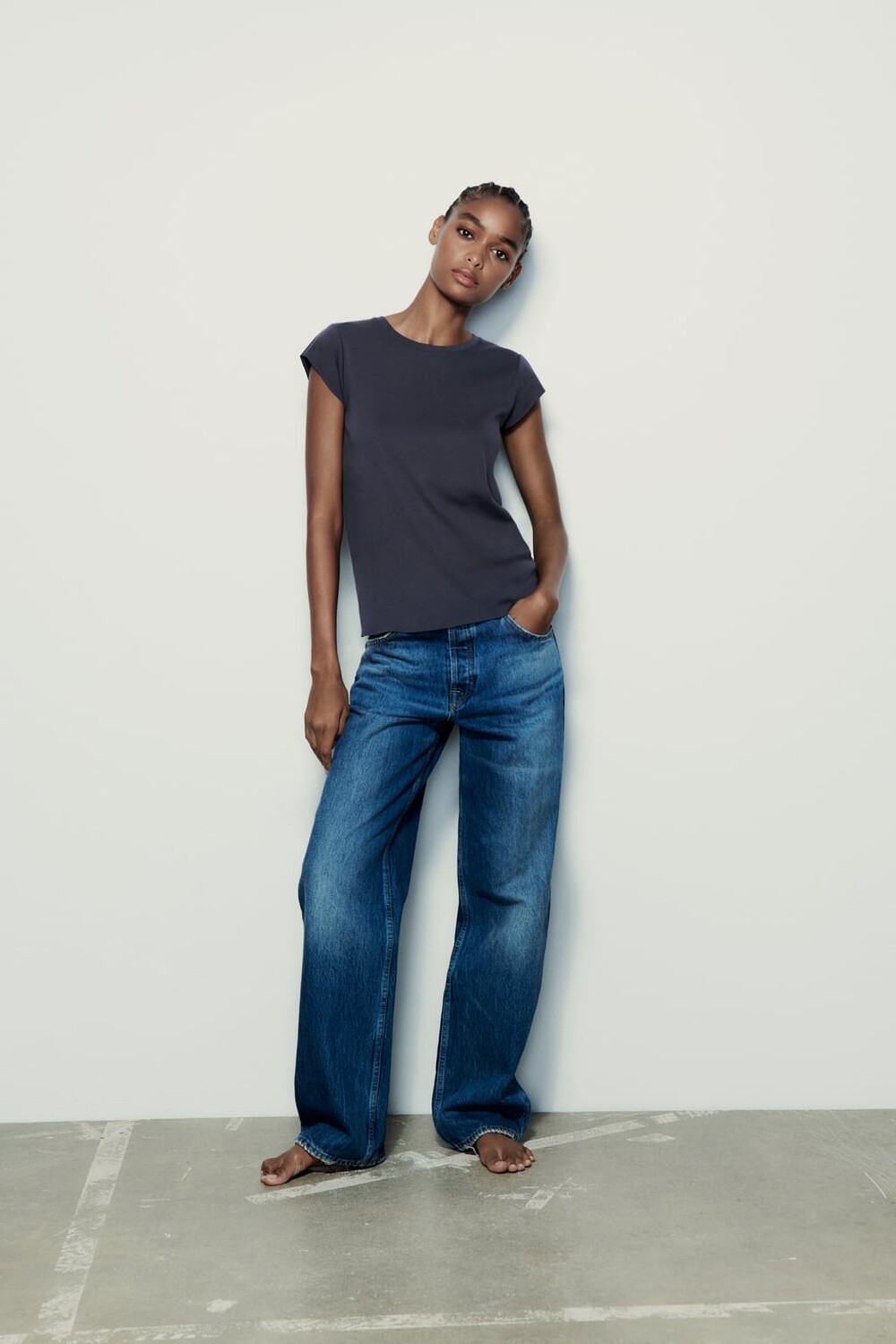 

Хлопковая футболка в реблу ZARA, Серый
