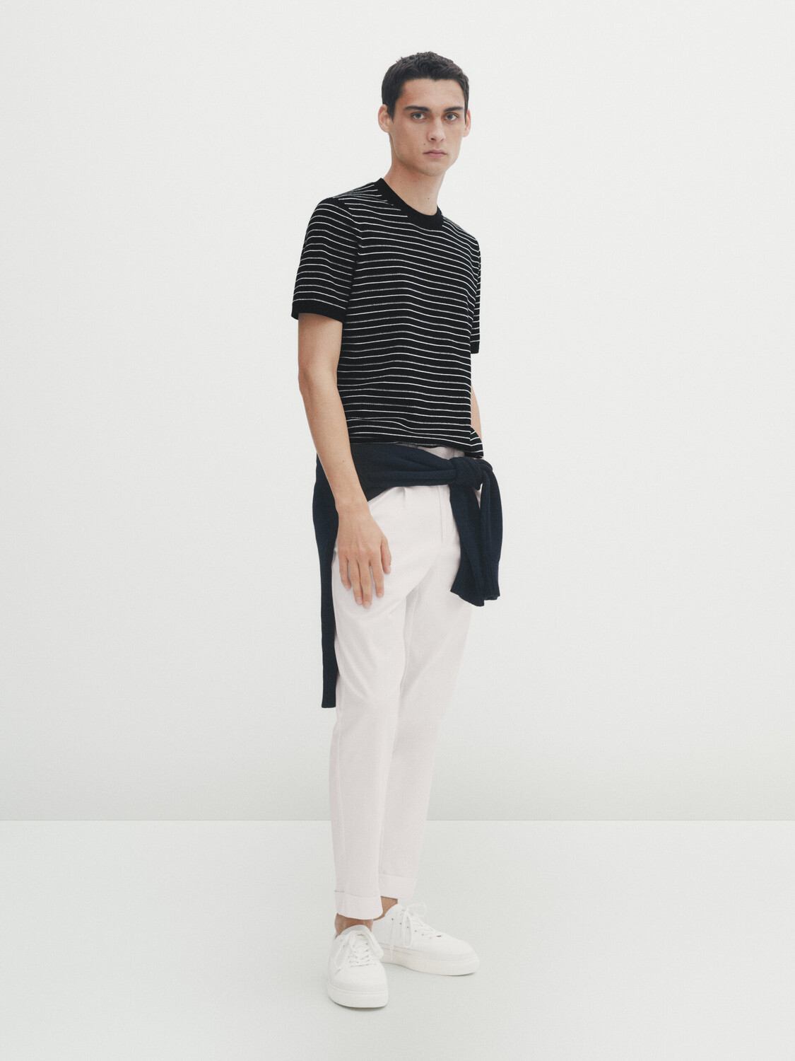 

Свитер с короткими рукавами и неправильными полосами Massimo Dutti, темно-синий