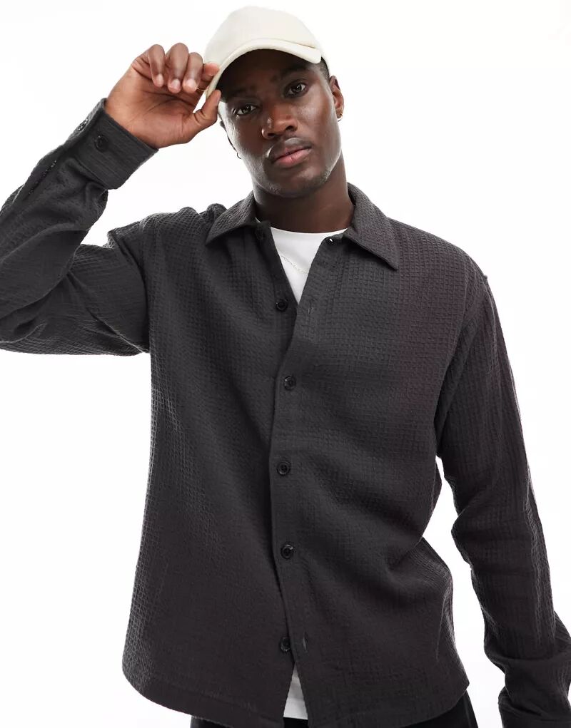 Черная оверсайз-рубашка с длинными рукавами вафельного цвета Jack & Jones Premium