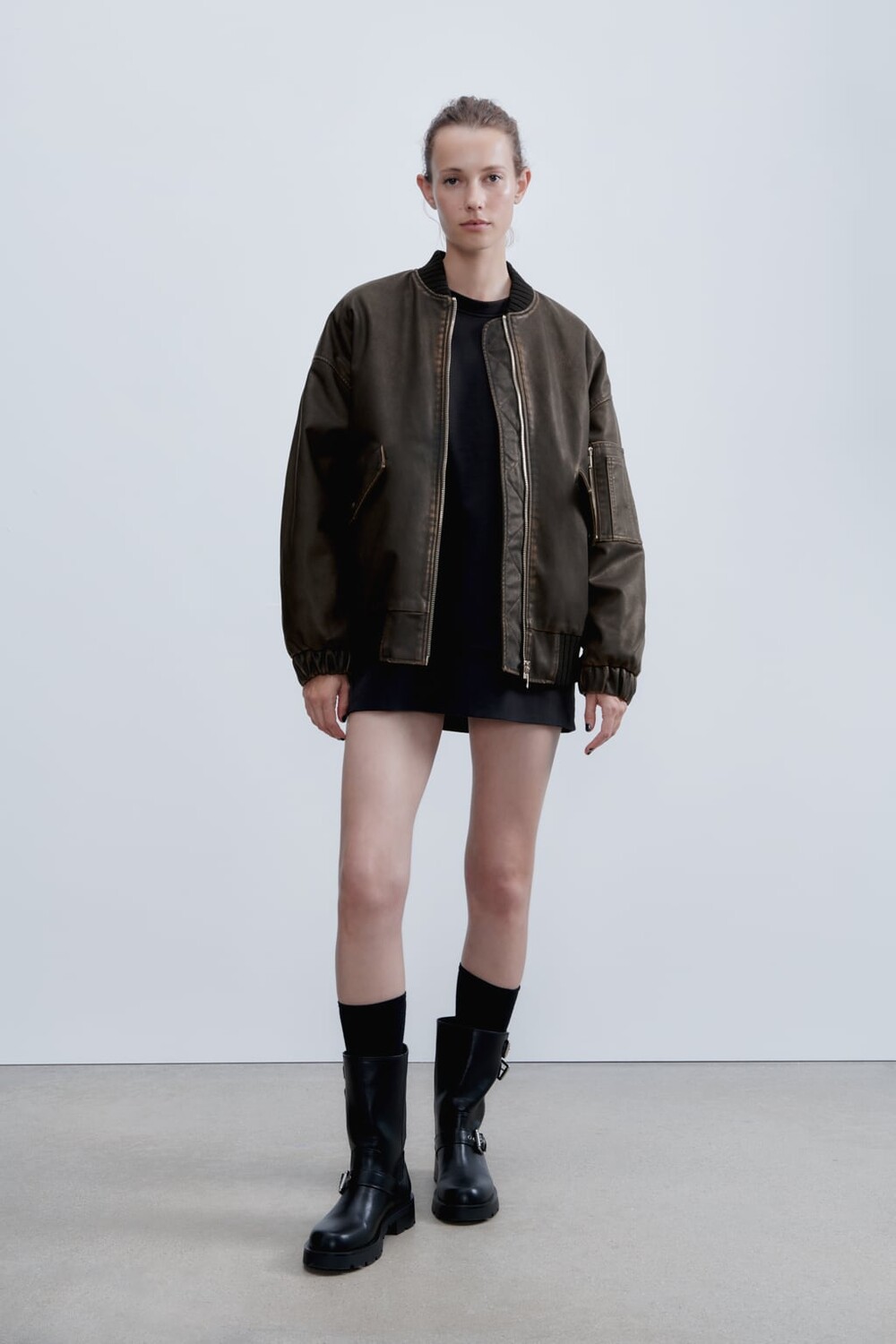 

Бомбер с кожаным эффектом ZARA, коричневый