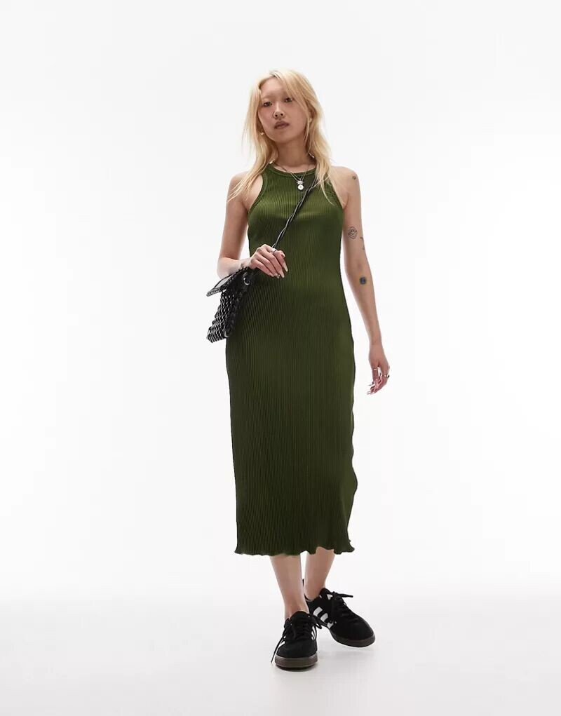 

Платье миди из плиссированного джерси Topshop цвета хаки