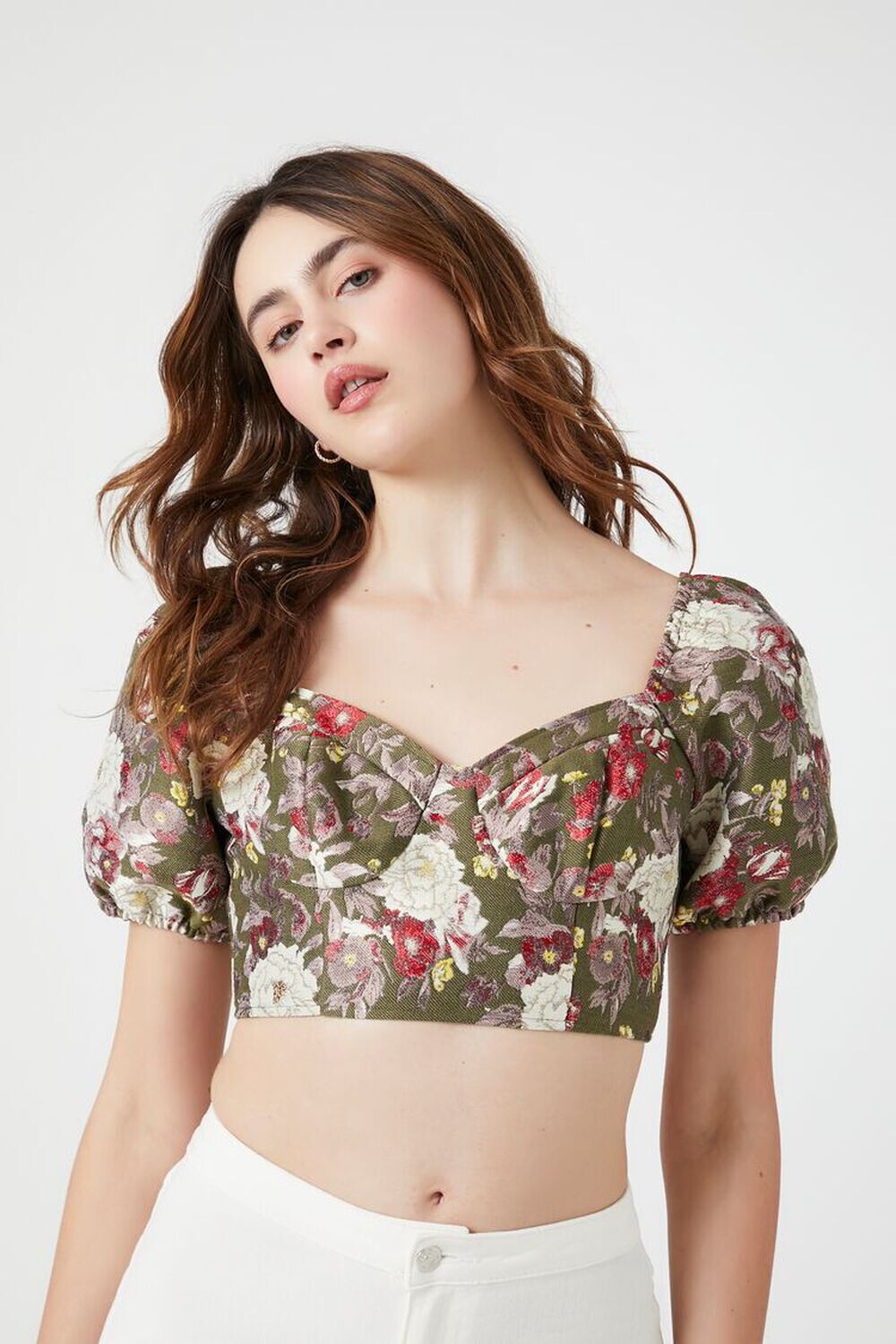 

Укороченный топ с пышными рукавами и цветочным принтом Forever 21, зеленый