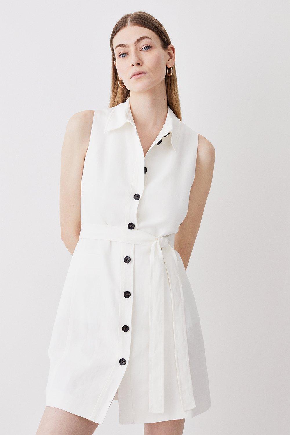 Льняное мини-платье-рубашка с пуговицами в морском стиле Karen Millen, белый кожаный однобортный пиджак с запахом сзади karen millen нейтральный