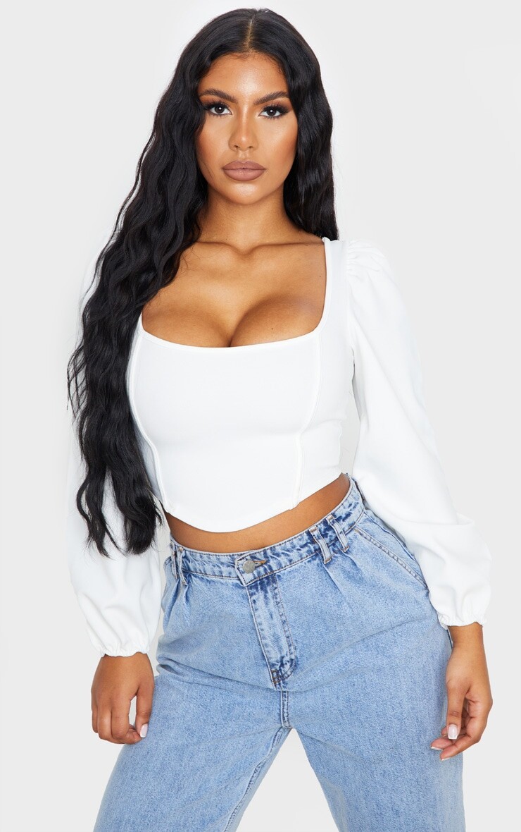 

PrettyLittleThing Белый укороченный топ с объемными рукавами и переплетом