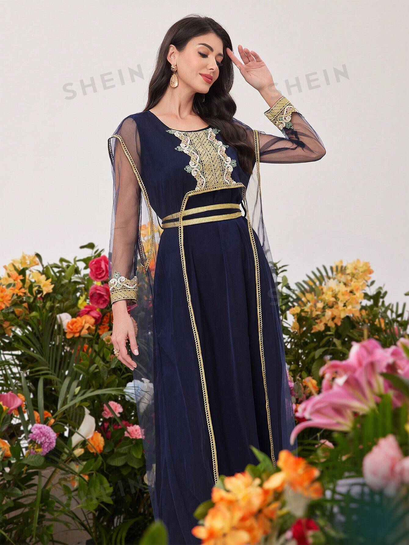 SHEIN Najma Женское платье в стиле пэчворк с тканым поясом, синий
