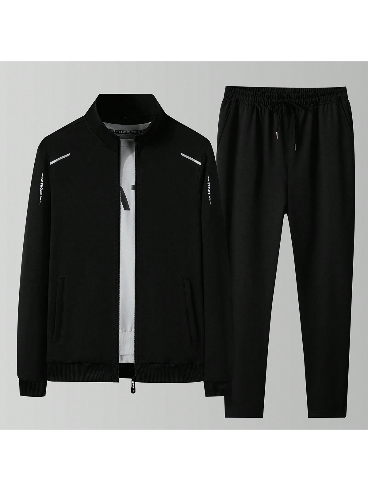 Мужская весенне-осенняя спортивная куртка и брюки контрастного цвета с застежкой-молнией спереди и воротником-стойкой, черный
