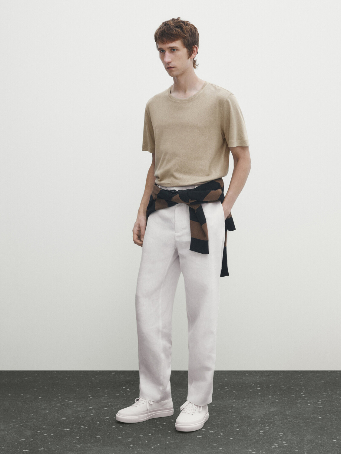 

Футболка из смешанного льна и хлопка с коротким рукавом Massimo Dutti, песочный, Бежевый