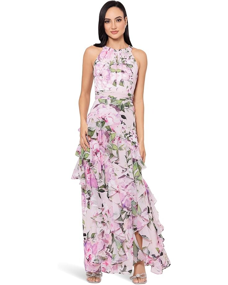 

Платье XSCAPE Long High Multi Chiffon Print Ruffle, цвет Blush/Multi