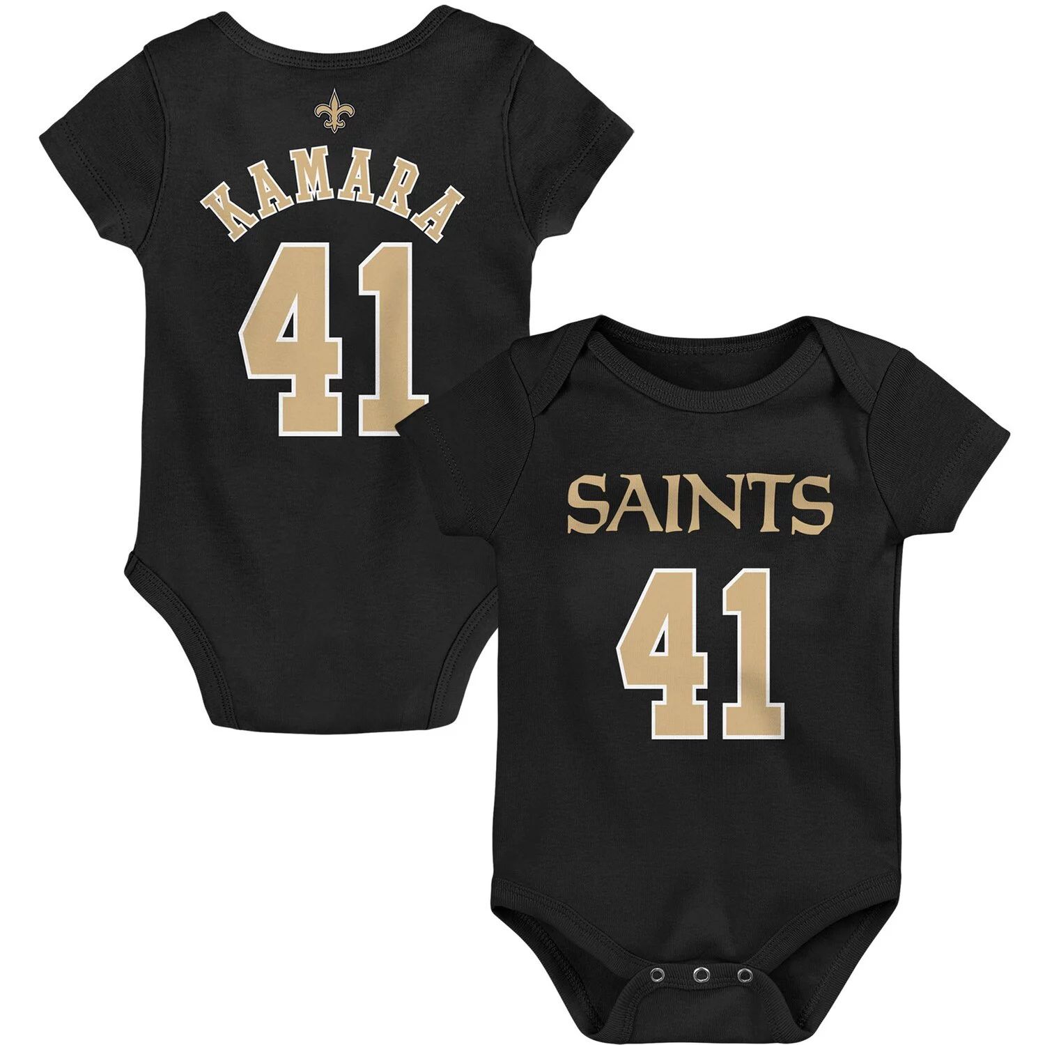 

Черный боди для младенцев Alvin Kamara New Orleans Saints Mainliner с именем и номером игрока Outerstuff