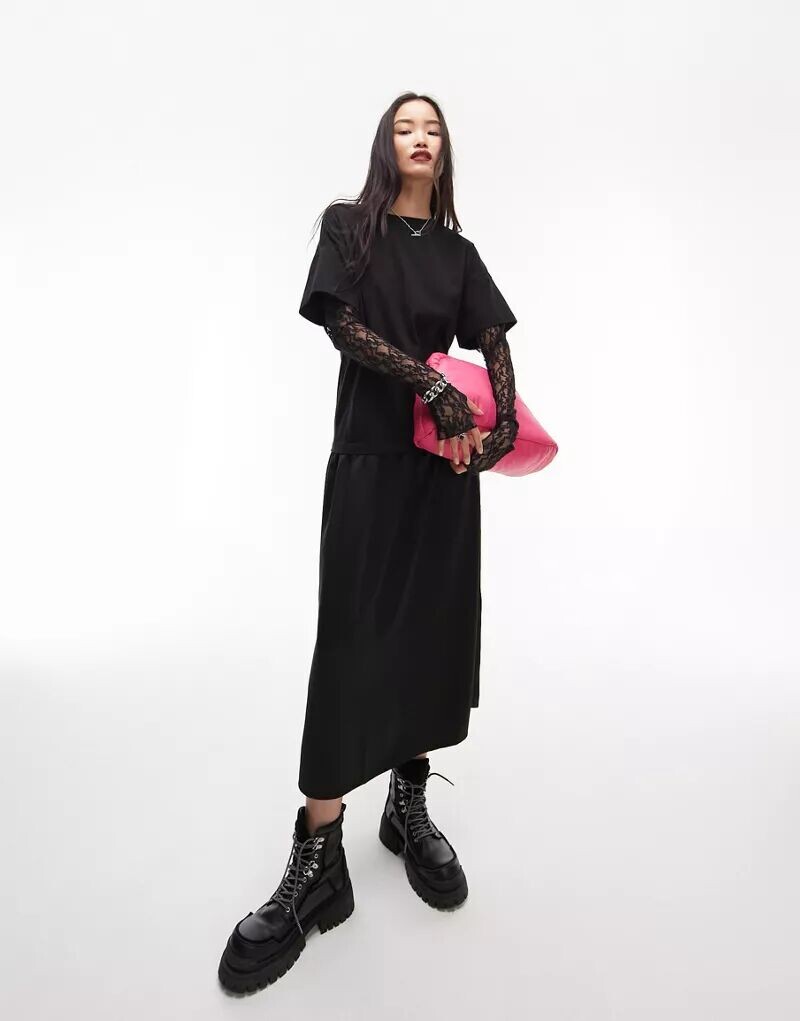 

Черное платье-футболка миди с кружевными рукавами Topshop Chuck
