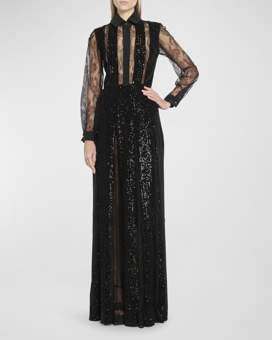

Кружевное платье с пуговицами спереди, бархатом и пайетками Elie Saab