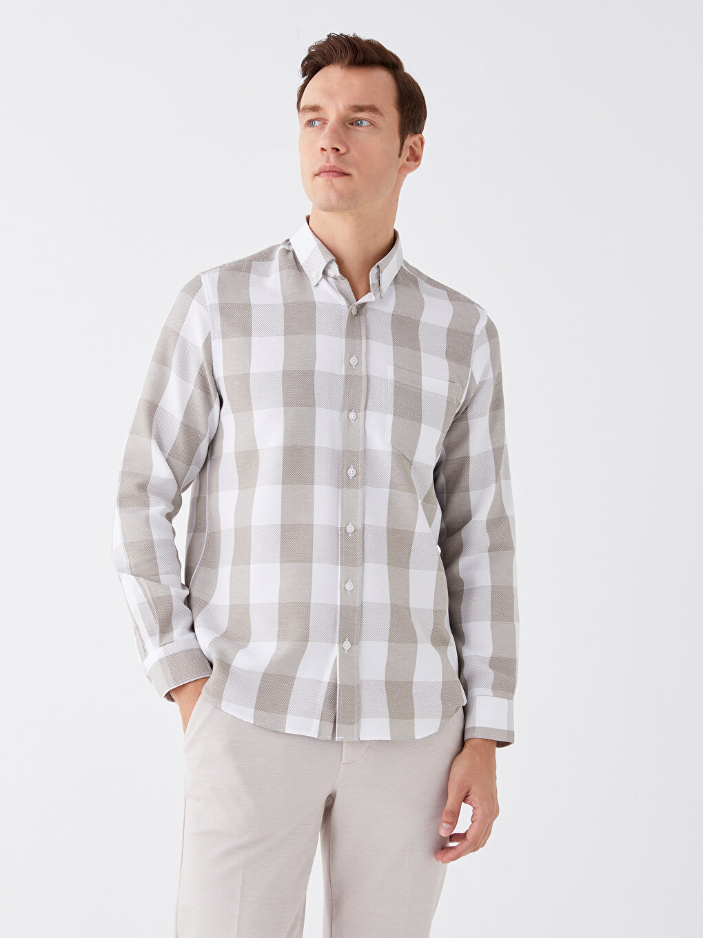 Мужская рубашка Добби стандартного кроя с длинным рукавом LCWAIKIKI Classic, бежевый плед плед pleat бежевый