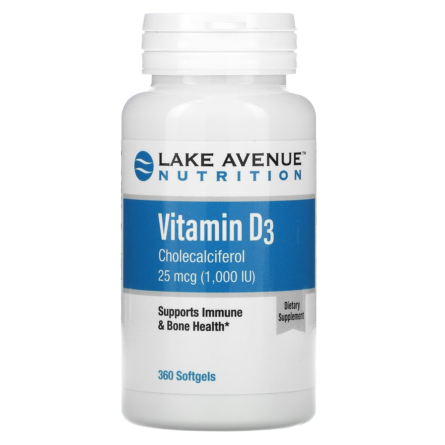 

Витамин D3, 25 мкг (1000 МЕ), 360 капсул, Lake Avenue Nutrition
