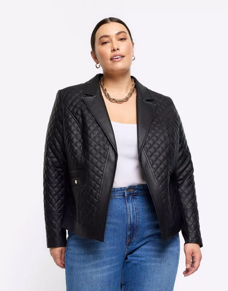 

Черный стеганый пиджак из искусственной кожи River Island Plus