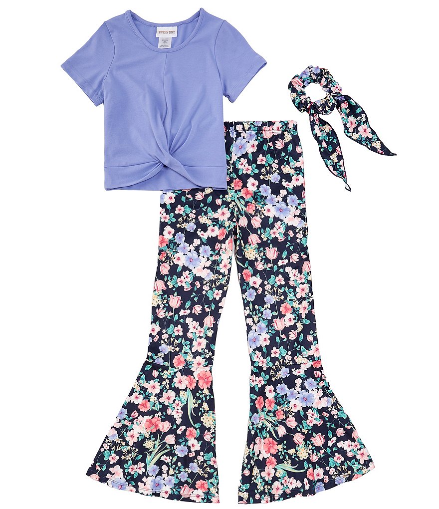 Комплект однотонной футболки с короткими рукавами и брюк с цветочным принтом для девочек Tween Diva Big Girls 7–16, синий