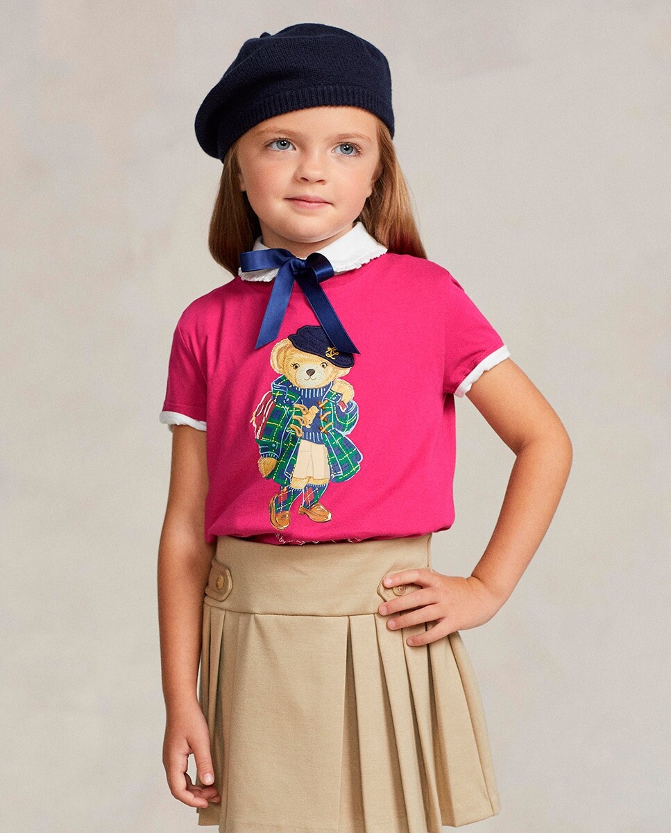 

Хлопковая футболка для девочки с мишкой-поло Polo Ralph Lauren, фуксия