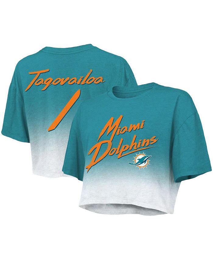 

Женские нитки Tua Tagovailoa Aqua, White Miami Dolphins Drip-Dye, имя и номер игрока, укороченная футболка Tri-Blend Majestic, синий