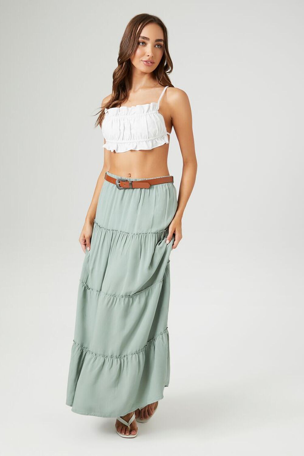 

Многоярусная длинная юбка с поясом Forever 21, шалфей