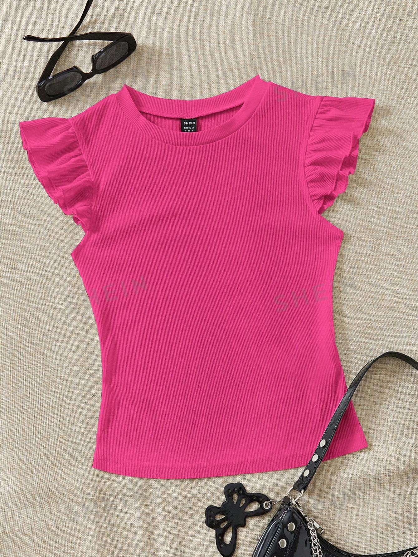 цена SHEIN WYWH трикотажная однотонная женская футболка с круглым вырезом и короткими рукавами, ярко-розовый