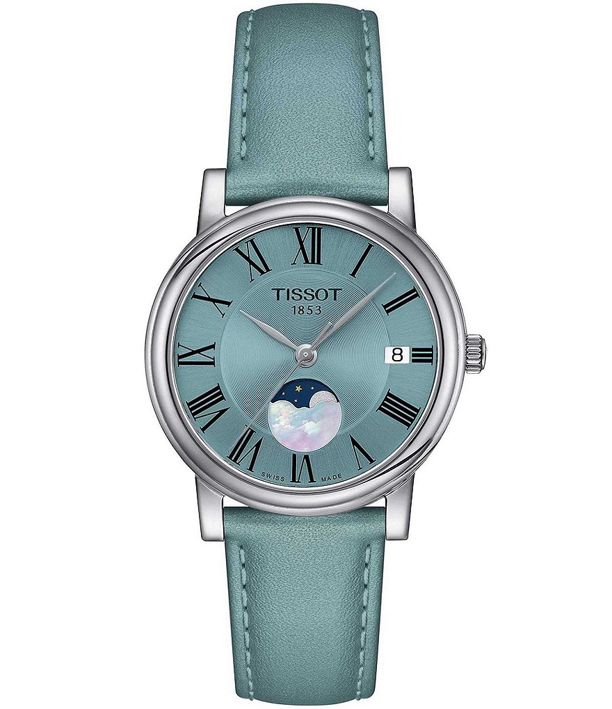 Женские часы Tissot Carson Premium Lady Moonphase кварцевые с аналоговым голубым кожаным ремешком, синий