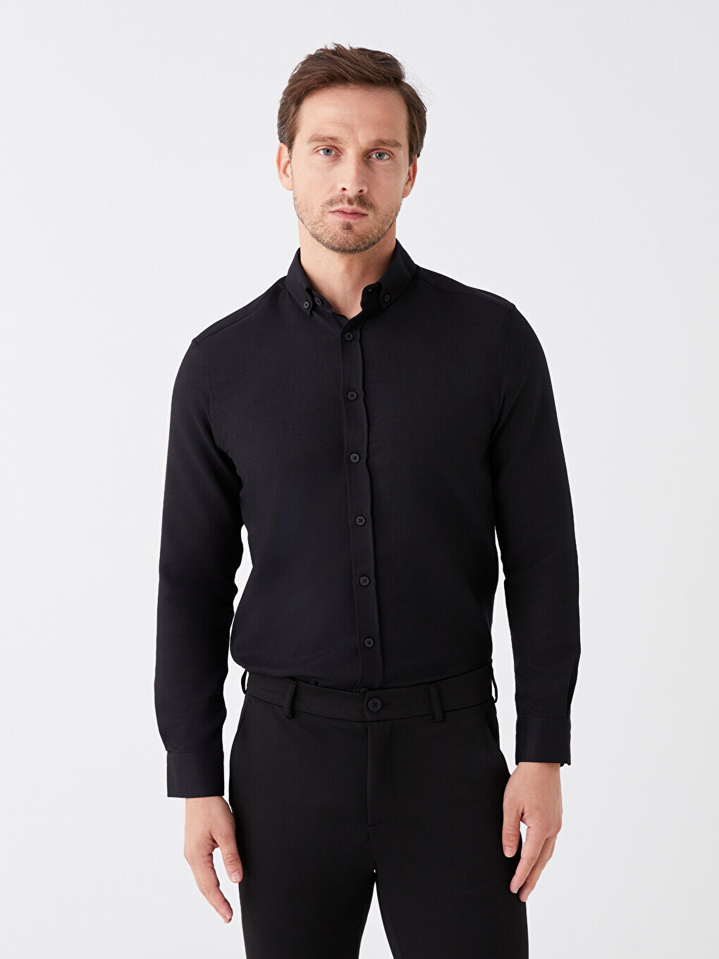 

Мужская рубашка Добби Slim Fit с длинным рукавом LCWAIKIKI Classic, новый черный