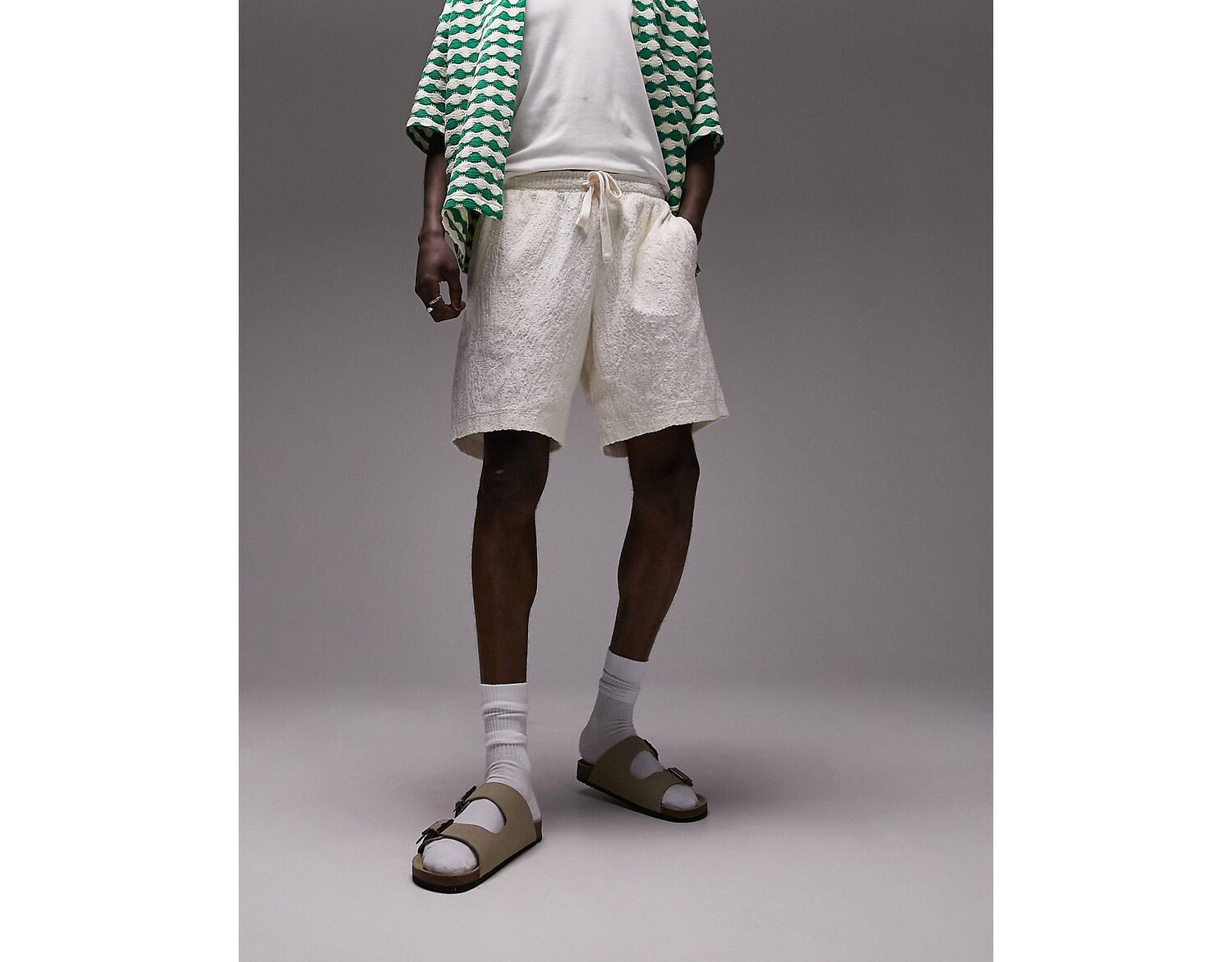 

Короткие полотенечные шорты цвета экрю с рисунком Topman