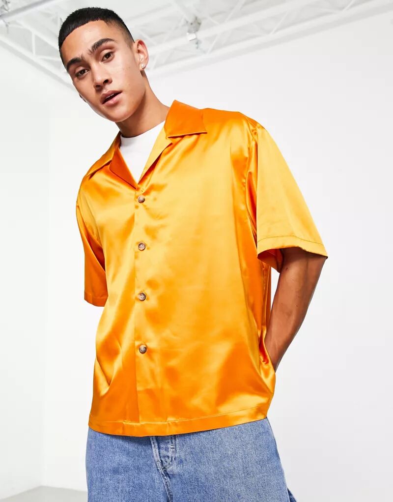 Оранжевая атласная рубашка оверсайз квадратного кроя с широким воротником с лацканами ASOS