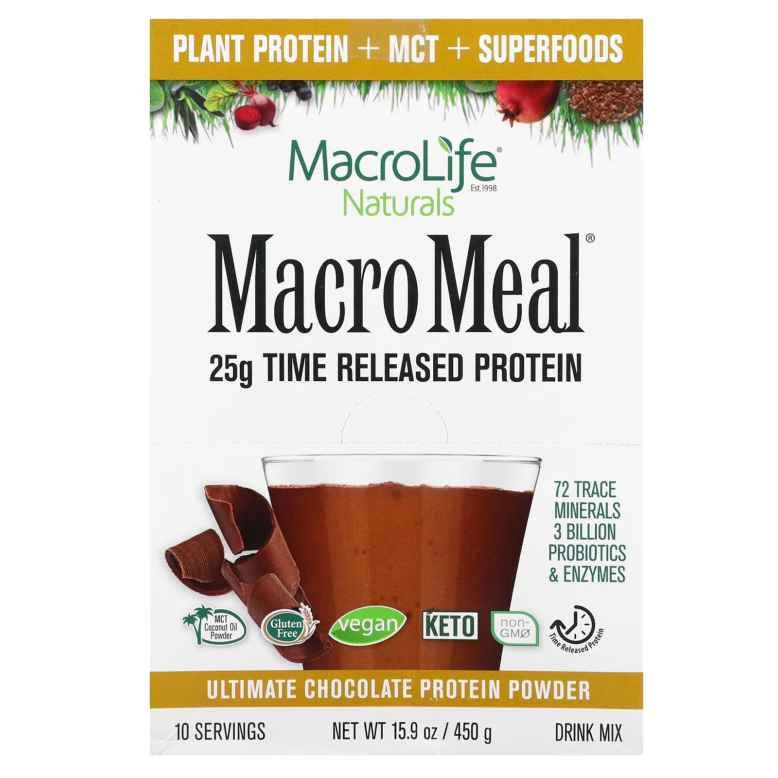 Macrolife Naturals MacroMeal Ultimate Protein Powder Chocolate 10 пакетов по 1,6 унции (45 г) каждый