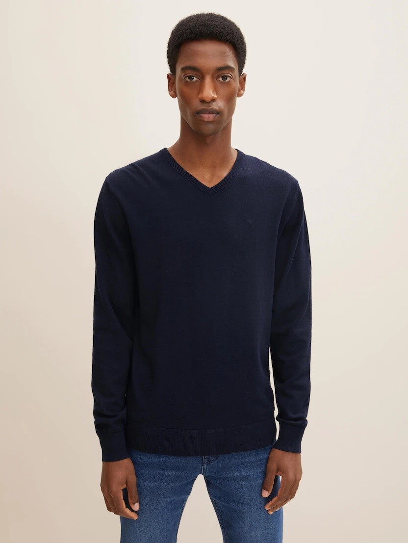 

Пуловер Tom Tailor Dünner Feinstrick Basic V Ausschnitt Sweater, темно синий