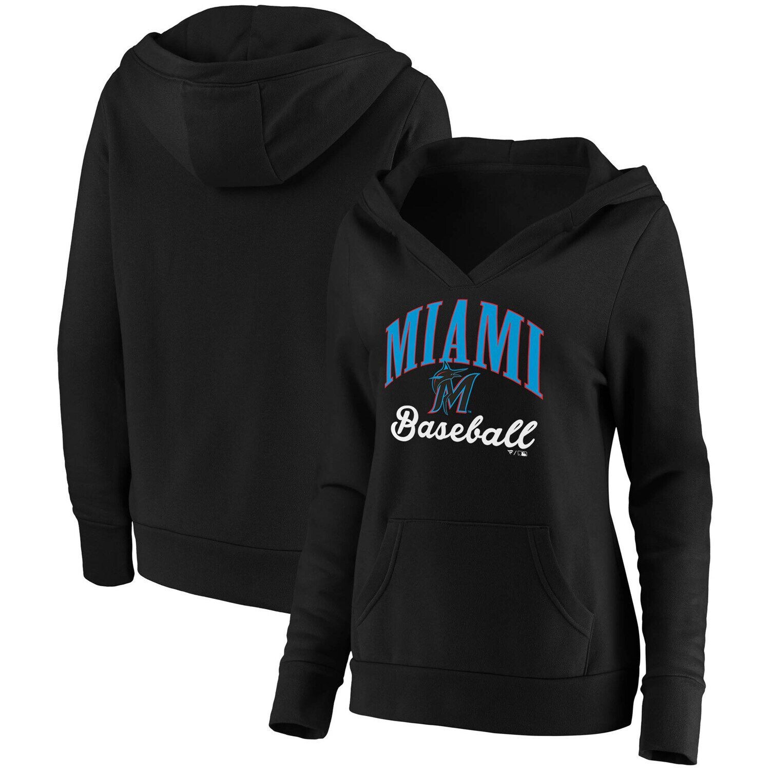 

Женский пуловер с капюшоном Fanatics черного цвета с логотипом Miami Marlins Victory Script и перекрестным вырезом Fanatics