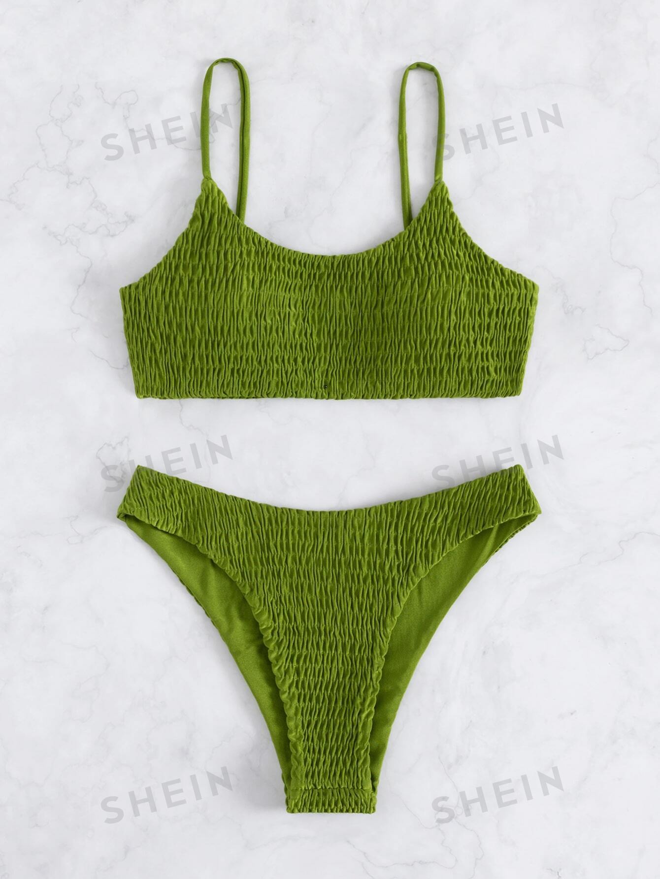 SHEIN Swim Basics Однотонный комплект бикини с вырезом на шее и тонкими бретелями, оливково-зеленый
