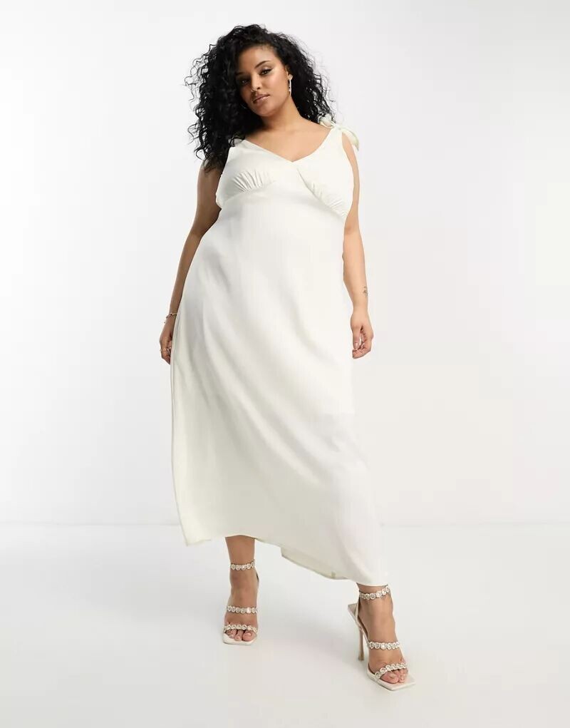 

Кремовое атласное платье макси Vila Curve Bridal с завязанными бретелями на бретельках