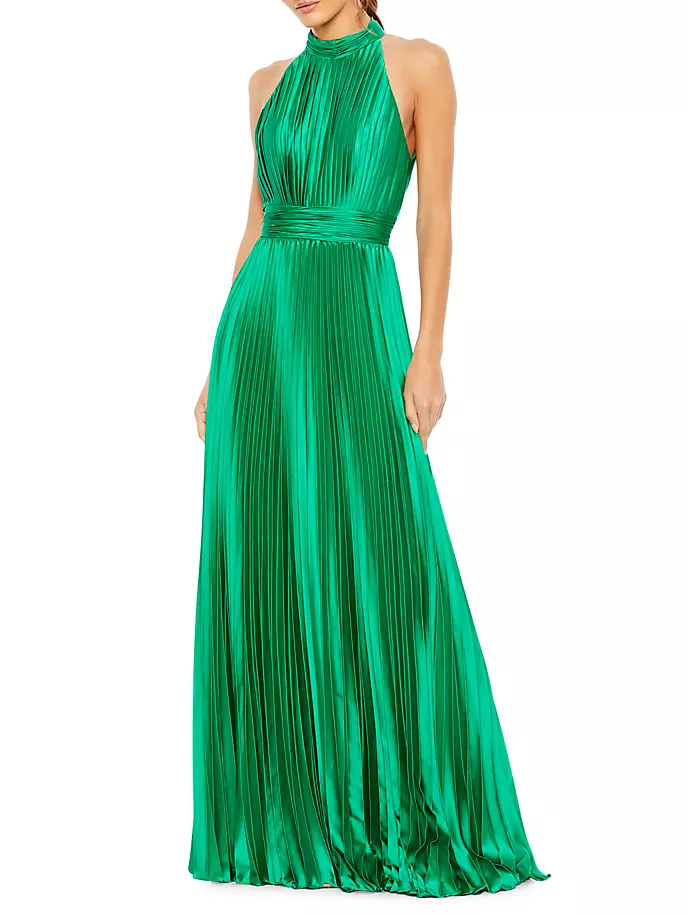 Плиссированное атласное платье с бретельками на шее Mac Duggal, цвет spring green