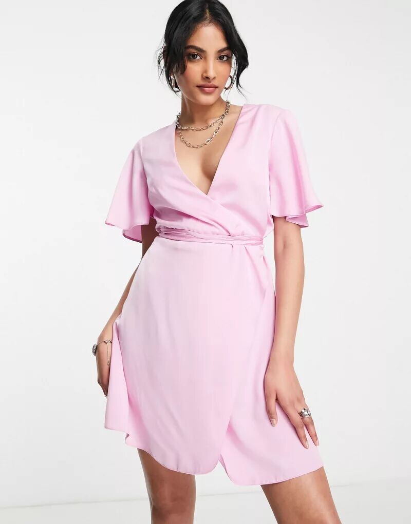 

Сиреневое атласное платье мини с запахом и рифлеными рукавами ASOS