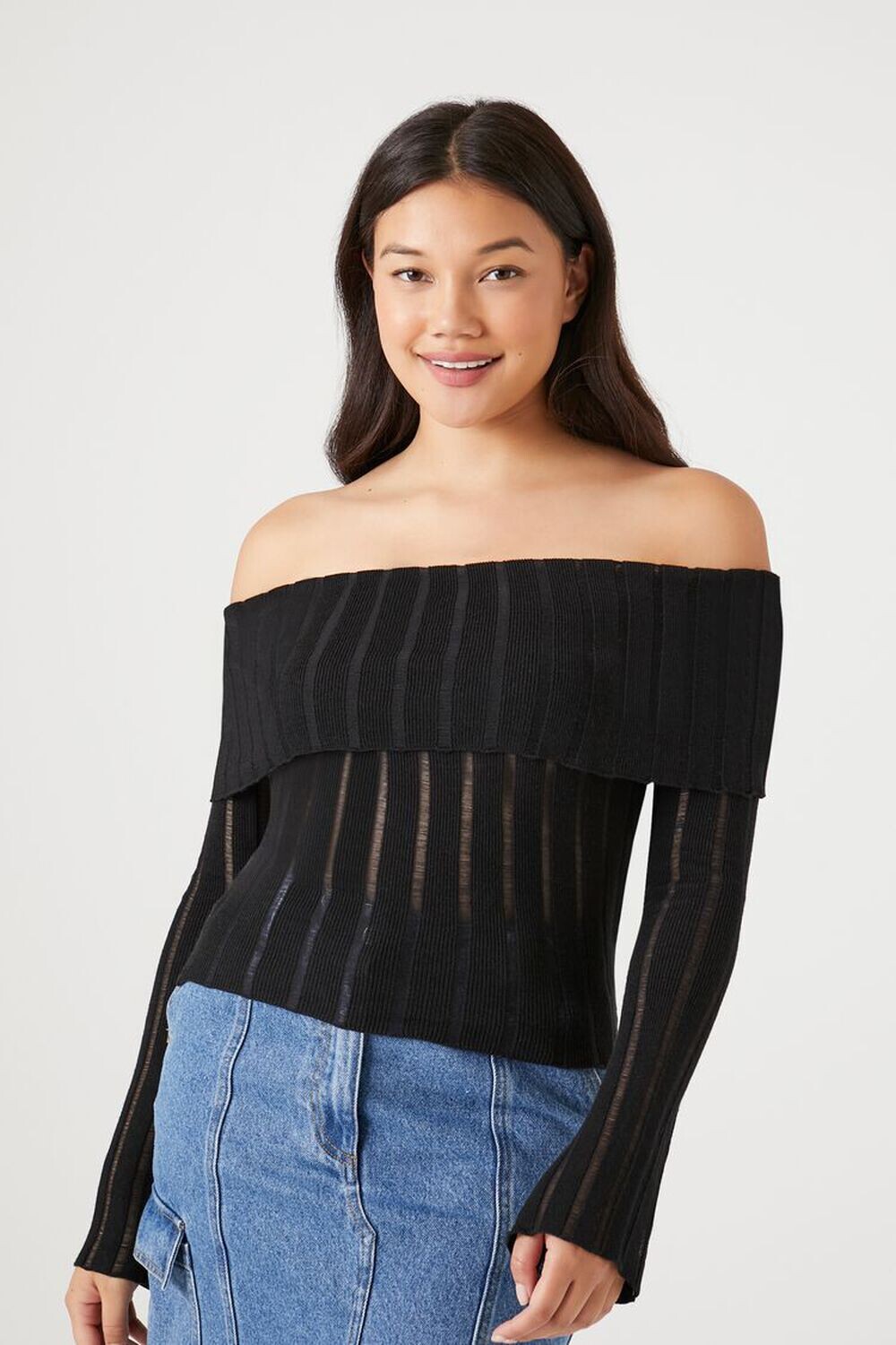 

Свитер в рубчик с открытыми плечами Forever 21, черный