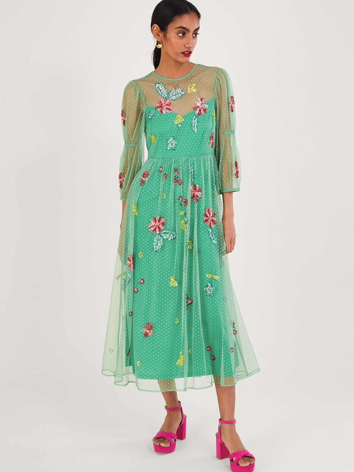 

Платье миди с вышивкой Monsoon Rosa, зеленое